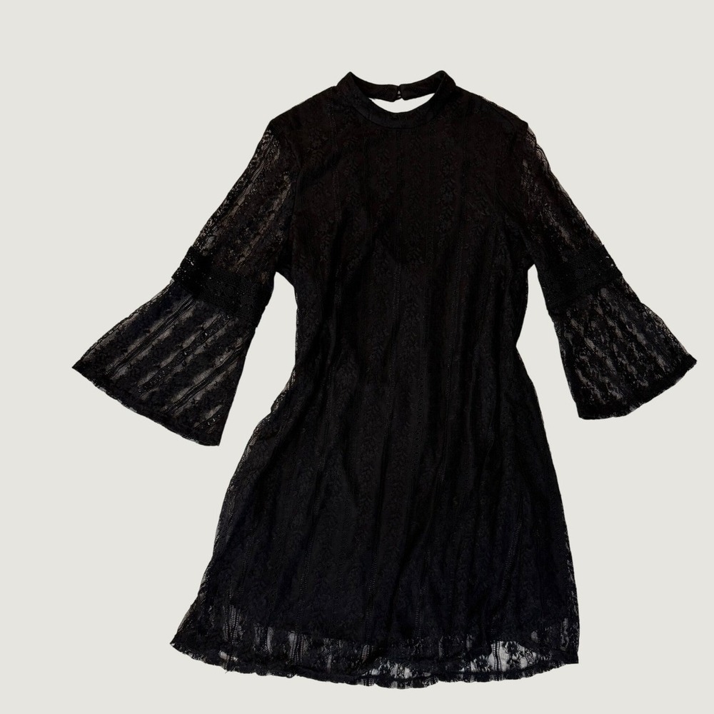 Black Lace Bell Sleeve Open Back Mini Dress Womens Large City Triangles